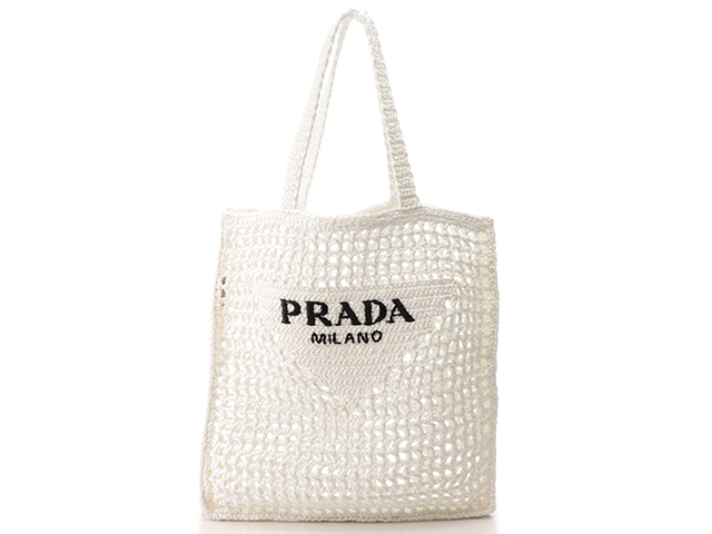 【希少】 PRADA ロゴ入り ラフィア トートバッグ ホワイト ☆人気☆【PRADA】☆プラダ ロゴ入り ラフィア トートバッグ