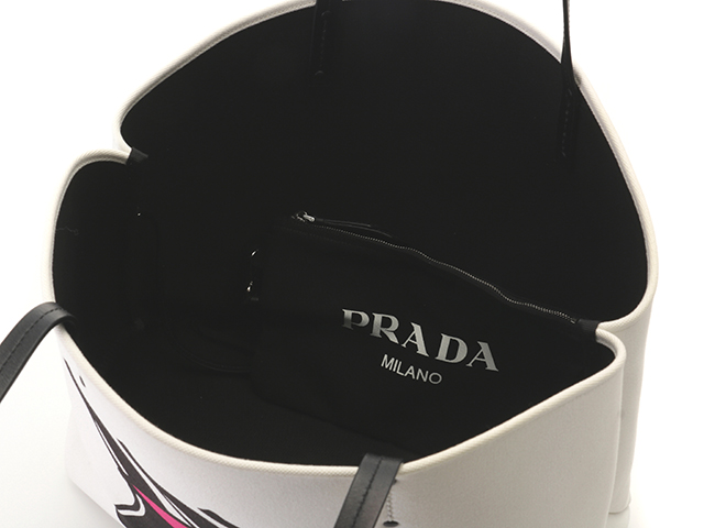 PRADA プラダ カナパ ロゴプリントトート ホワイト×ブラック