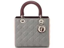 Dior ディオール レディーディオール ミディアムハンドバッグ ハンドバッグ レディーディオール グレー/ピンク/ボルドー シルバー金具 レザー【434】