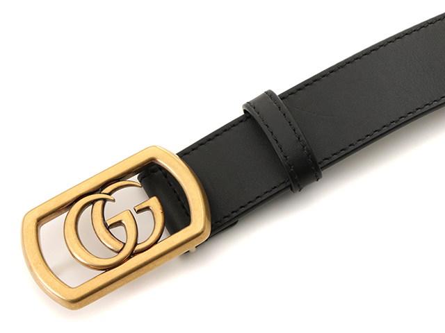 GUCCI　グッチ　フレーム付きダブルGバックルベルト　ブラック　ゴールドメッキ金具【472】