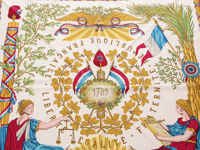 エルメス HERMES LIBERTE EGALITE FRATERNITE REPUBLIQUE FRANCAISE カレ90 1789年 フランス革命を記念して スカーフ シルク100% ブラック×レッド