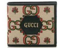 GUCCI グッチ 二つ折り財布 グリーン／ベージュ キャンバス／カーフ