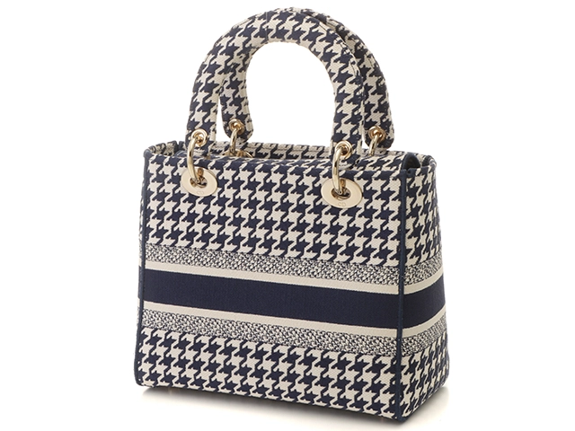 Dior ディオール 千鳥柄 レディーディオール ミディアム ハンドバッグ H0565BZAF M808 ネイビー GP ゴールド金具 2147100503951【471】