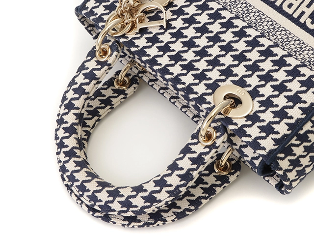 Dior ディオール 千鳥柄 レディーディオール ミディアム ハンドバッグ H0565BZAF M808 ネイビー GP ゴールド金具 2147100503951【471】
