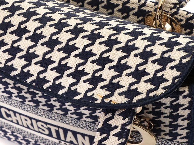Dior ディオール 千鳥柄 レディーディオール ミディアム ハンドバッグ H0565BZAF M808 ネイビー GP ゴールド金具 2147100503951【471】