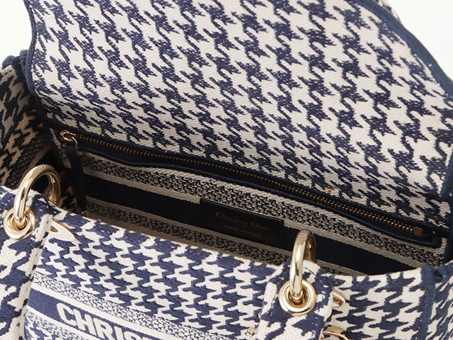 Dior ディオール 千鳥柄 レディーディオール ミディアム ハンドバッグ H0565BZAF M808 ネイビー GP ゴールド金具 2147100503951【471】