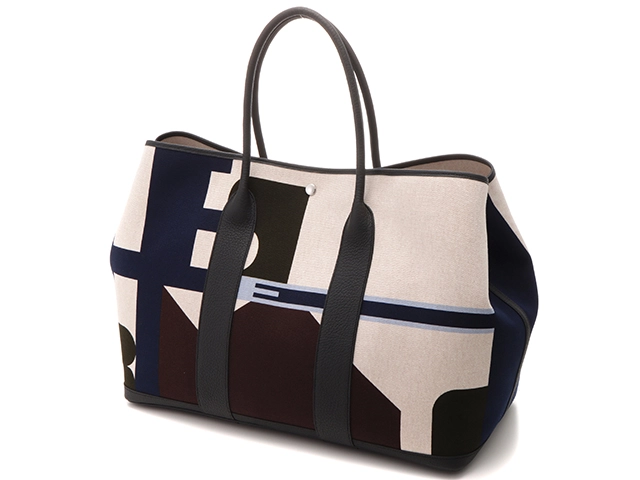 HERMES 　エルメス　ガーデンパーティGM/ヴォヤージュ　ブルーインディゴ/エクリュ/ベージュ/ノワール　トワル/ネゴンダ 　新品同様【472】N
