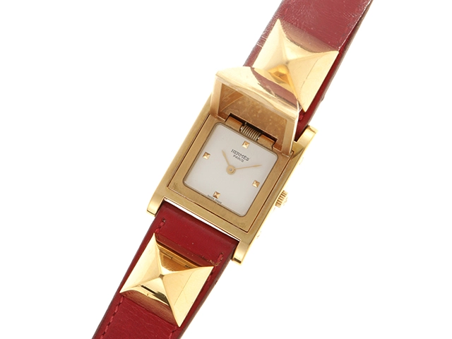 HERMES エルメス メドール 110131 ホワイト文字盤 GP/革 クオーツ レディース 時計 2147100527339【430】