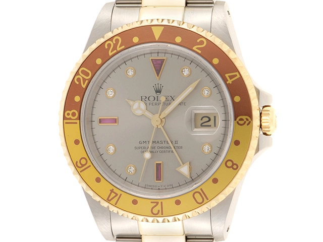A番 ROLEX ロレックス 腕時計 GMTマスターⅡ16713RG ステンレス/K18イエローゴールド 3Pルビー/8Pダイヤモンドグレー文字盤 トリチウム 自動巻【472】SJ