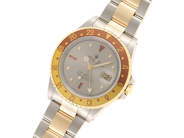 A番 ROLEX ロレックス 腕時計 GMTマスターⅡ16713RG ステンレス/K18イエローゴールド 3Pルビー/8Pダイヤモンドグレー文字盤 トリチウム 自動巻【472】SJ