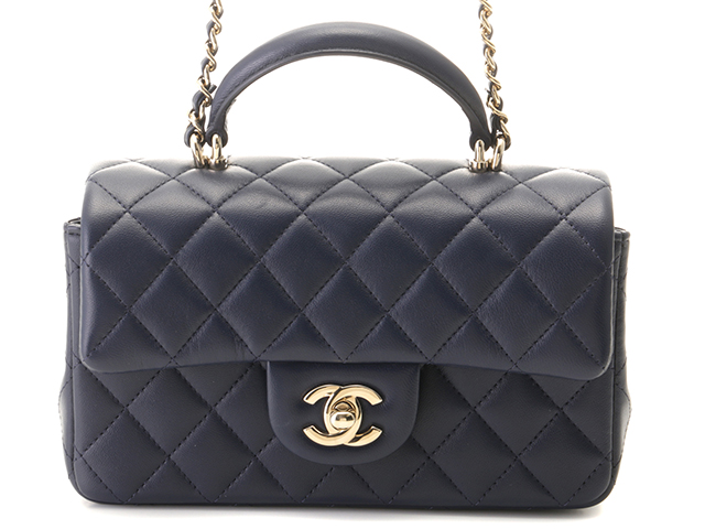 CHANEL シャネル トップハンドル ミニ クラシック ハンドバッグ ネイビー/ゴールド金具 ラムスキン AS2431 2147100535167  【432】