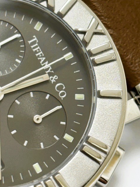 TIFFANY＆Co ティファニー アトラス クロノグラフ SS ステンレススチール レザーベルト グレー クォーツ 【460】2147100538359