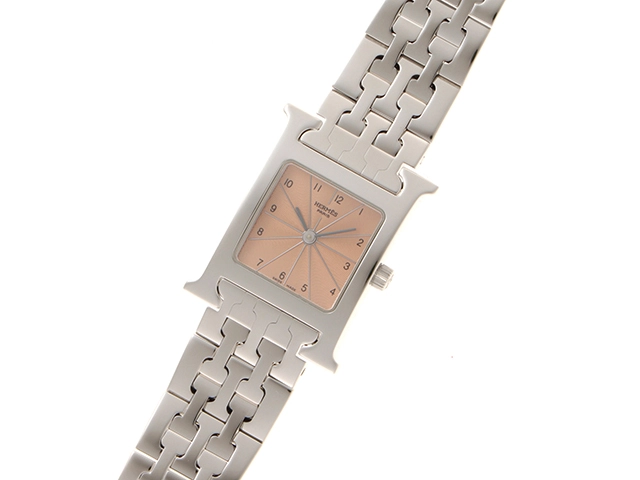 HERMES エルメス 腕時計 2003年並行品 Hウォッチ HH1.210.461/4804 ピンクギョーシェ文字盤 ステンレス クオーツ【472】SJ