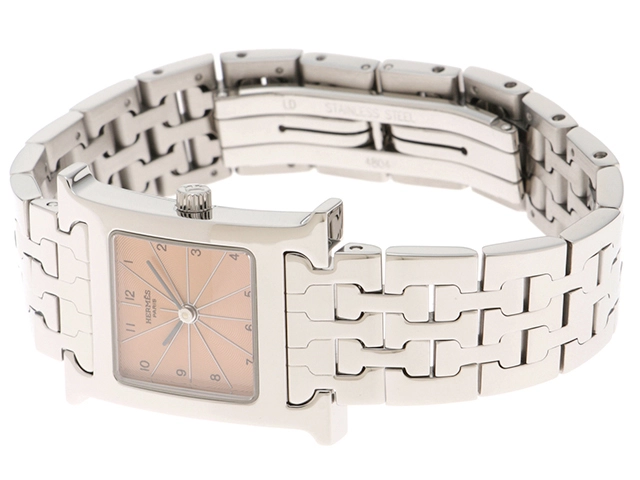 HERMES エルメス 腕時計 2003年並行品 Hウォッチ HH1.210.461/4804 ピンクギョーシェ文字盤 ステンレス クオーツ【472】SJ