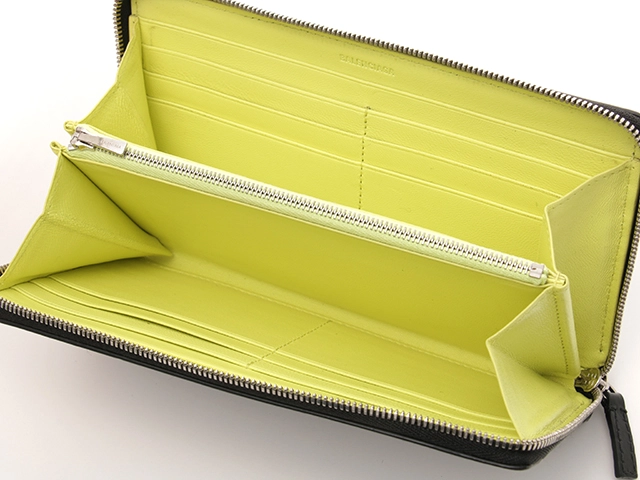 BALENCIAGA バレンシアガ　ラウンドファスナー　ナガサイフ　ブラック／ネオンイエロー　カーフ【472】2147100565485