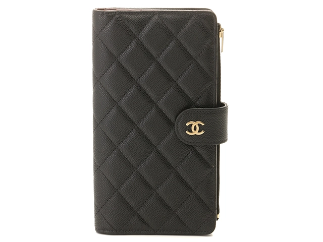 【新品同様】シャネル キャビアスキン マトラッセ 二つ折り長財布 ブラック CHANEL シャネル 黒 キャビアスキン マトラッセ ゴールド金具 2