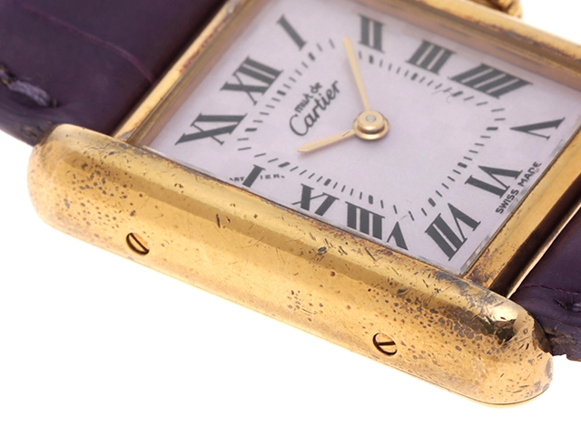 Cartier　カルティエ　マストタンク　２０２３ネンクリスマスゲンテイ　レディース腕時計　クオーツ　パープル文字盤　SV925/GP/革　W1017554【431】2147100585971