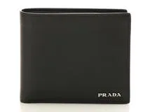 PRADA プラダ 二つ折り財布 サフィアーノ ブラック/ネイビー シルバー