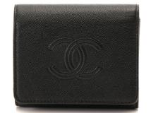 CHANEL シャネル ココマーク コンパクトウォレット 三つ折り財布 ブラック キャビアスキン【473】