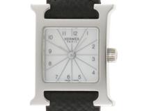 HERMES　エルメス 　Hウォッチ　ミニ　SS/革　シェル文字盤　　クオーツ　レディース　腕時計　【433】