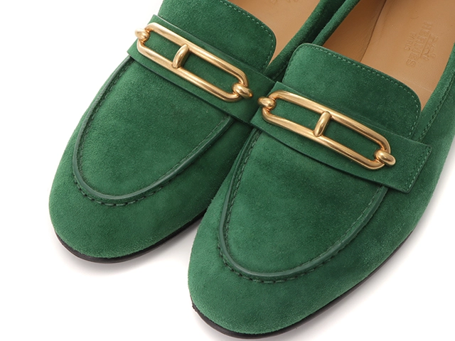HERMES エルメス コレット モカシン レディース37 グリーン/GP シェーヴル・ヴェロア