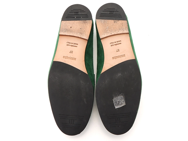 HERMES エルメス コレット モカシン レディース37 グリーン/GP シェーヴル・ヴェロア