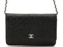 CHANEL シャネル カメリア チェーンウォレット A47421 ブラック/SV 