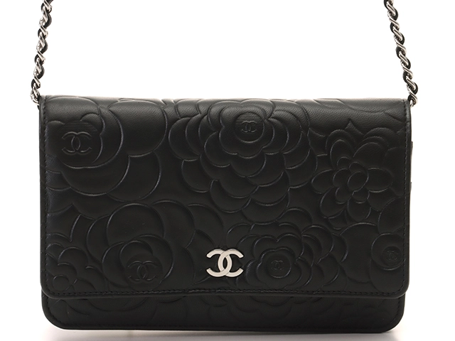 CHANEL シャネル カメリア チェーンウォレット A47421 ブラック/SV ...