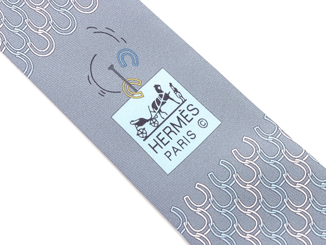 HERMES　エルメス　ネクタイ　ジュ・デュ・フェール　シルク　シエル　グリス　ブラン【472】YI