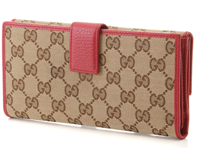 GUCCI 長財布 ベージュ/グリーン/レッド GUCCI グッチ GGWホック長財布 ベージュ/レッド キャンバス