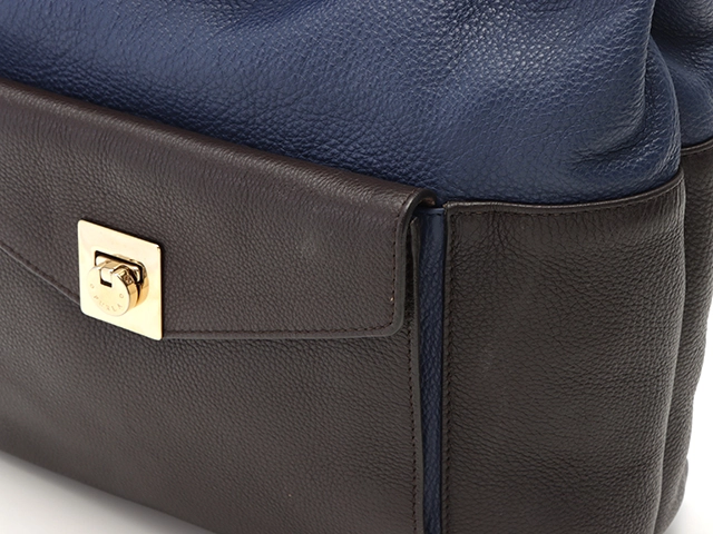 FURLA フルラ バイカラー ショルダーバッグ ネイビー／ダークブラウン レザー F6356【430】2147200546773