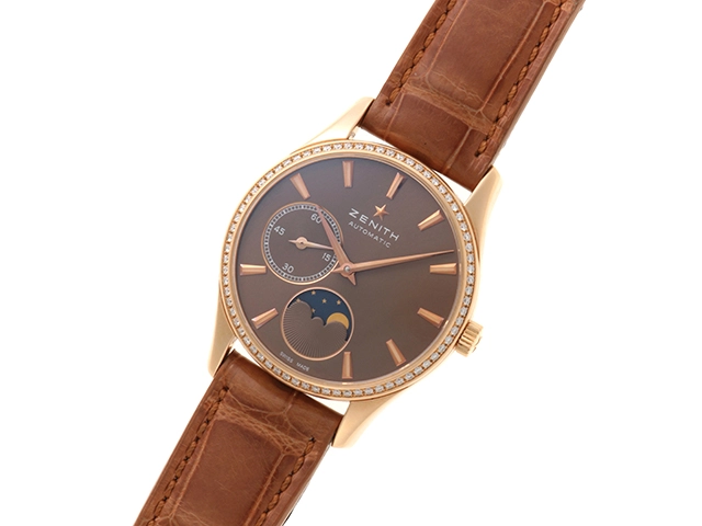 ZENITH　ゼニス　エリート　ウルトラシン　ムーンフェイズ　22.2310.692/75.C709　PG/革　ダイヤベゼル　レディース　自動巻き2147200562520【432】