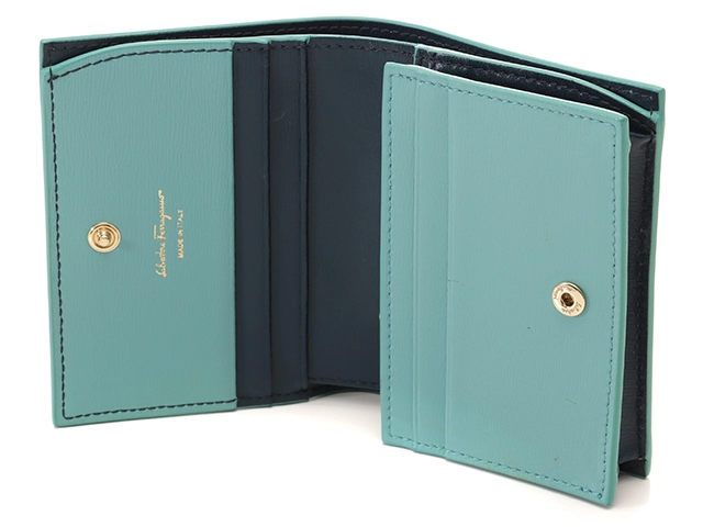 Salvatore Ferragamo　フェラガモ　ガンチーニ　コンパクトウォレット　ライトブルー/ネイビー　カーフ【433】2147300396001