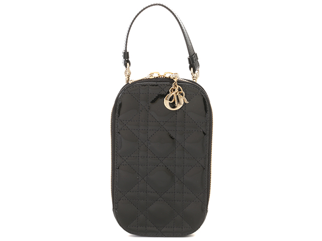 【美品】Dior カナージュ フォンホルダー パテント ブラック LADY DIOR フォンホルダー ブラック カナージュ パテントカーフスキン
