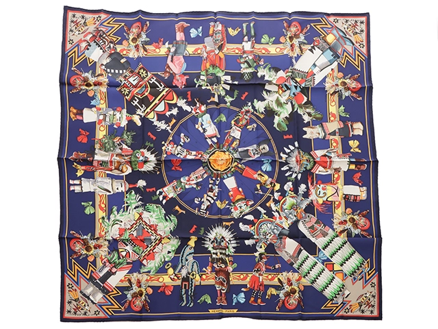 HERMES エルメス カレ90 Kachinas ブルー/マルチ シルク 【471