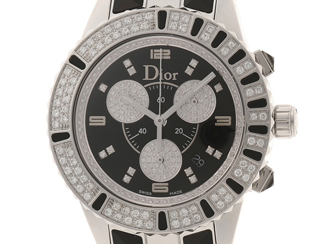 Dior 時計 ディオール 　クリスタルクロノ　CD11431D　クロノグラフ　クオーツ 　黒文字盤　ダイヤベゼル　ダイヤブレスレット　ダイヤインデックス　ステンレススチールSS　【433】