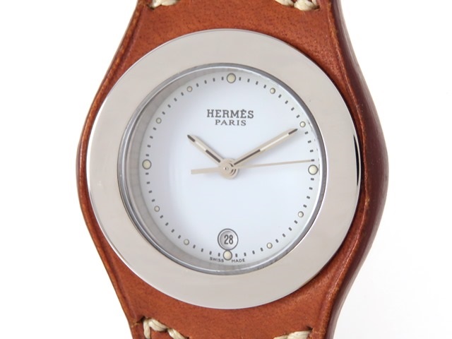 【ABランク】HERMES エルメス アーネ レディース 腕時計 HA3.220 ステンレス GP レザーベルト アリゲーター 白 ホワイト文字盤 クォーツ【ISEYA】
