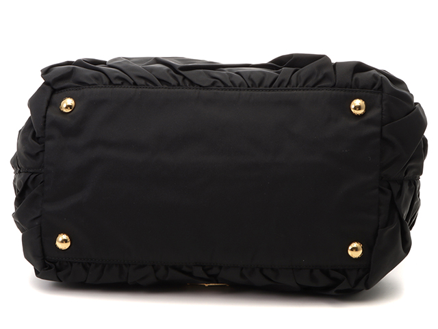 プラダ PRADA フリルトートバッグ ハンドバッグ ナイロン 黒 ◇本物