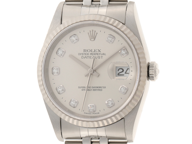 T番　ROLEX　ロレックス　16234G　デイトジャスト　ホワイトゴールド　ステンレススチール　シルバー文字盤　10Pダイヤモンドインデックス　 自動巻き　メンズ時計　【205】