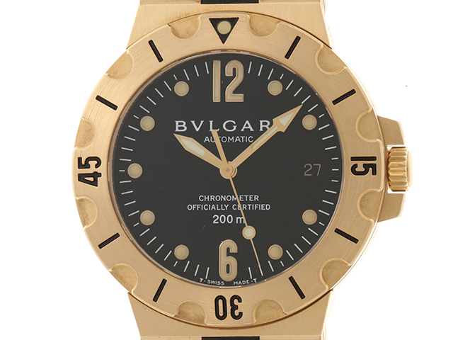 BVLGARI　ブルガリ　SD38G　ディアゴノ　スクーバ　イエローゴールド　ラバーベルト　ブラック文字盤　自動巻き　メンズ時計　【437】