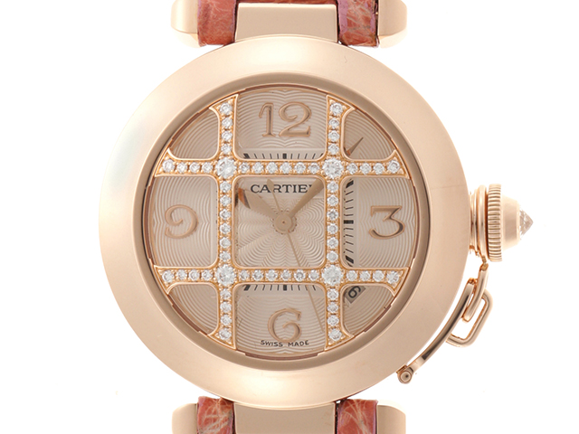 2004年並行ギャラ　Cartier　カルティエ　時計　パシャ32　ダイヤグリッド　750 ピンクゴールド　レザー　Dバックル　 アイボリー文字盤【472】ＷＭ
