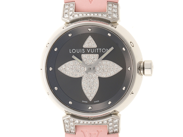 ルイヴィトン　LOUIS　VUITTON　時計　タンブール　フォーエバー　レディース　ステンレス×ピンクラバー　グレー文字盤　LVモチーフダイヤ　 ラグダイヤ　クォーツ　Q121F　100M生活防水対応 【473】