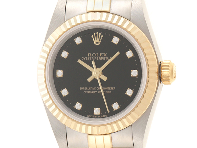 K番　ROLEX　ロレックス　オイスターパーペチュアル　76193G　オートマチック　YG／SS　ブラック　11ポイントダイヤ【460】  2148103381522