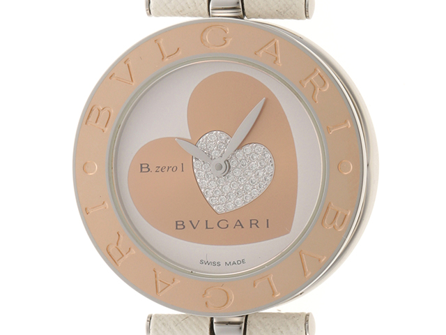 BVLGARI　ブルガリ　時計　Ｂ-zero１　ダブルハート　BZP30S　ホワイト/ピンク/ダイヤ文字盤　レディース　ステンレス×PG×革　 クオーツ【436】2148103406126