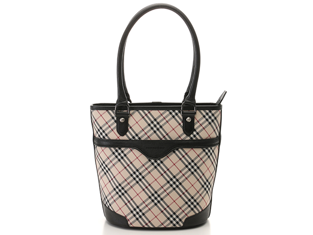BURBERRY バーバリー チェック柄トートバッグ ノバチェック ベージュ/ブラック コットンキャンバス/レザー【472】