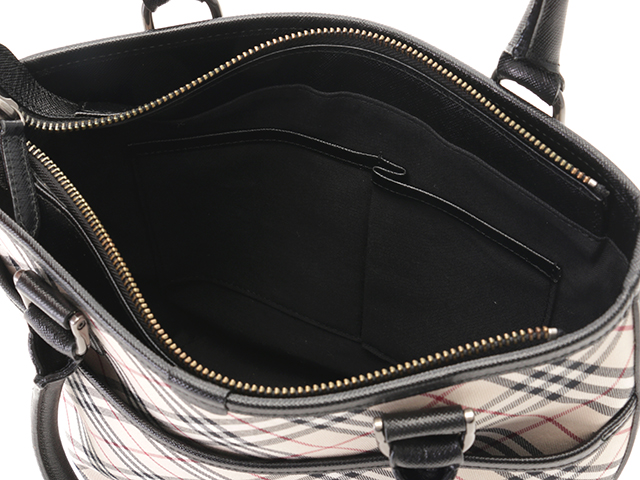 BURBERRY バーバリー チェック柄トートバッグ ノバチェック ベージュ/ブラック コットンキャンバス/レザー【472】