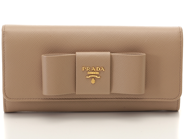 PRADA プラダ リボン 二つ折ZIP長財布 1MH132 カーフ ベージュ