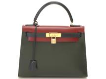 HERMES　エルメス　ケリー28　ボックスカーフ　ルージュアッシュ/ブルーインディゴ/ヴェール　ゴールド金具　【431】