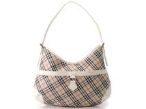 BURBERRY　バーバリー　ワンショルダーバッグ　チェック柄　ホワイト　ベージュ　キャンバス　レザー　（2148103498558）【200】