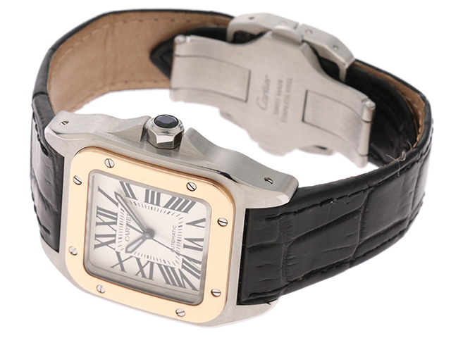 Cartier カルティエ サントス100 MM W20107X7 2878 SS/PG ステンレス/ピンクゴールド/社外ベルト 時計  自動巻き【472】HU